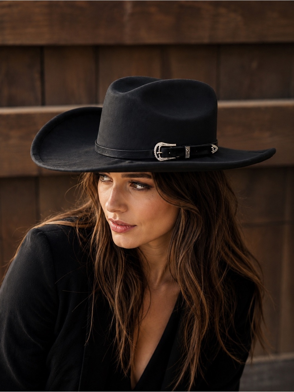 Women's Black Wide-Brim Faux Suede Felt Cowgirl Hat with Decorative Buckle Nwt